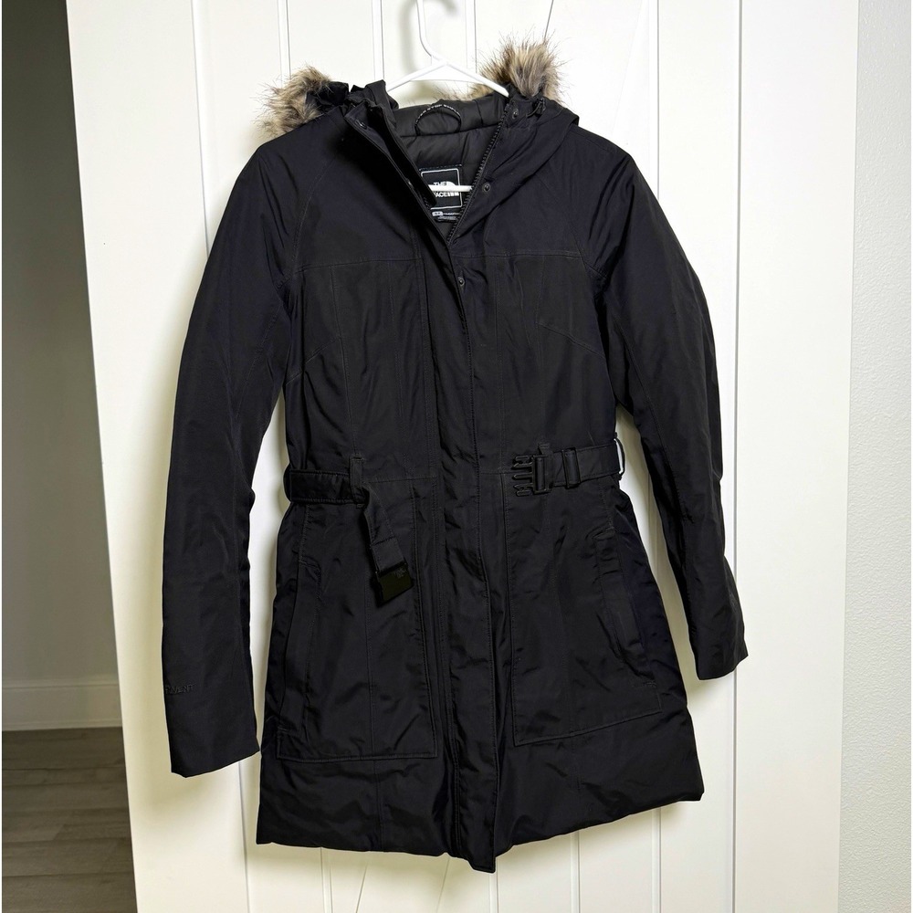 The North Face Women's Hooded Down Parka Coat Black Removable Faux Fur Small